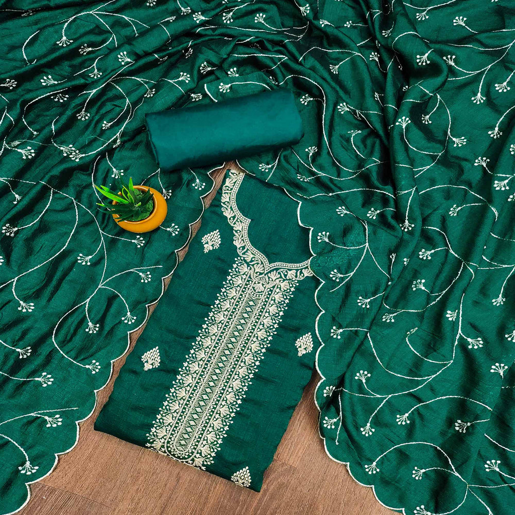 Green Vichitra Silk Dress Material with Graceful Floral Zari Embroidery