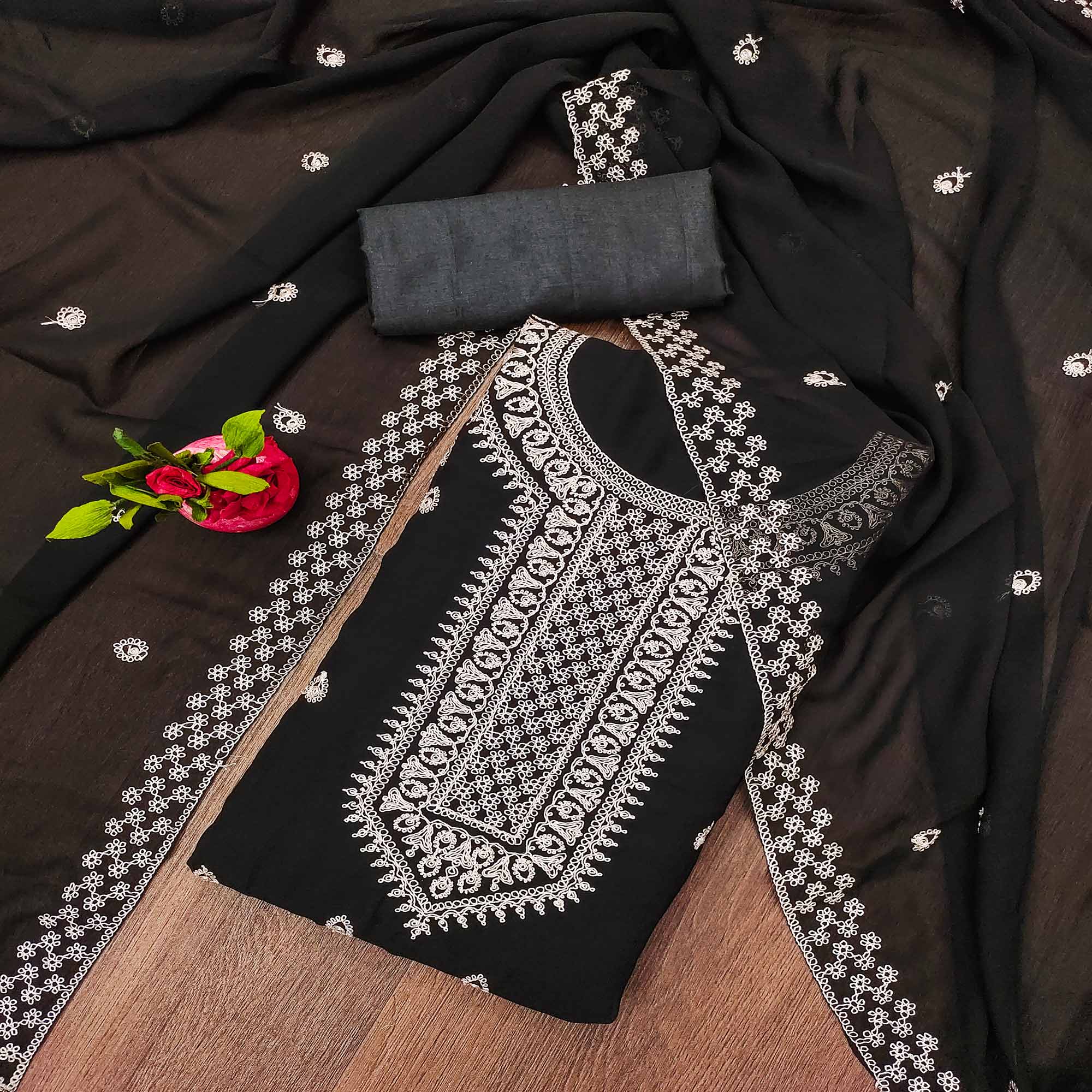 Black Embroidered Georgette Dress Material