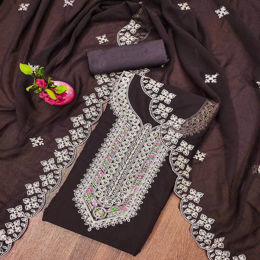 Brown Floral Embroidered Georgette Dress Material