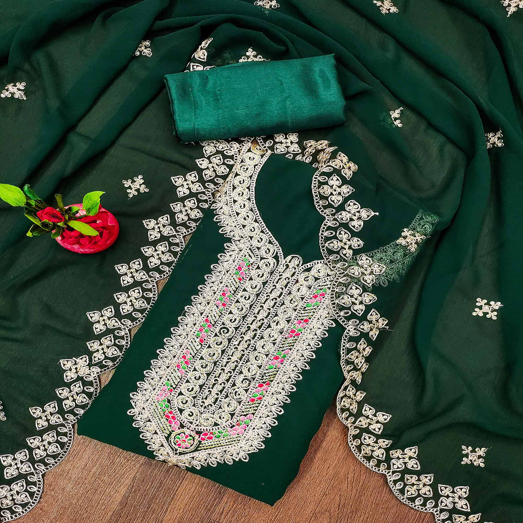 Green Floral Embroidered Georgette Dress Material