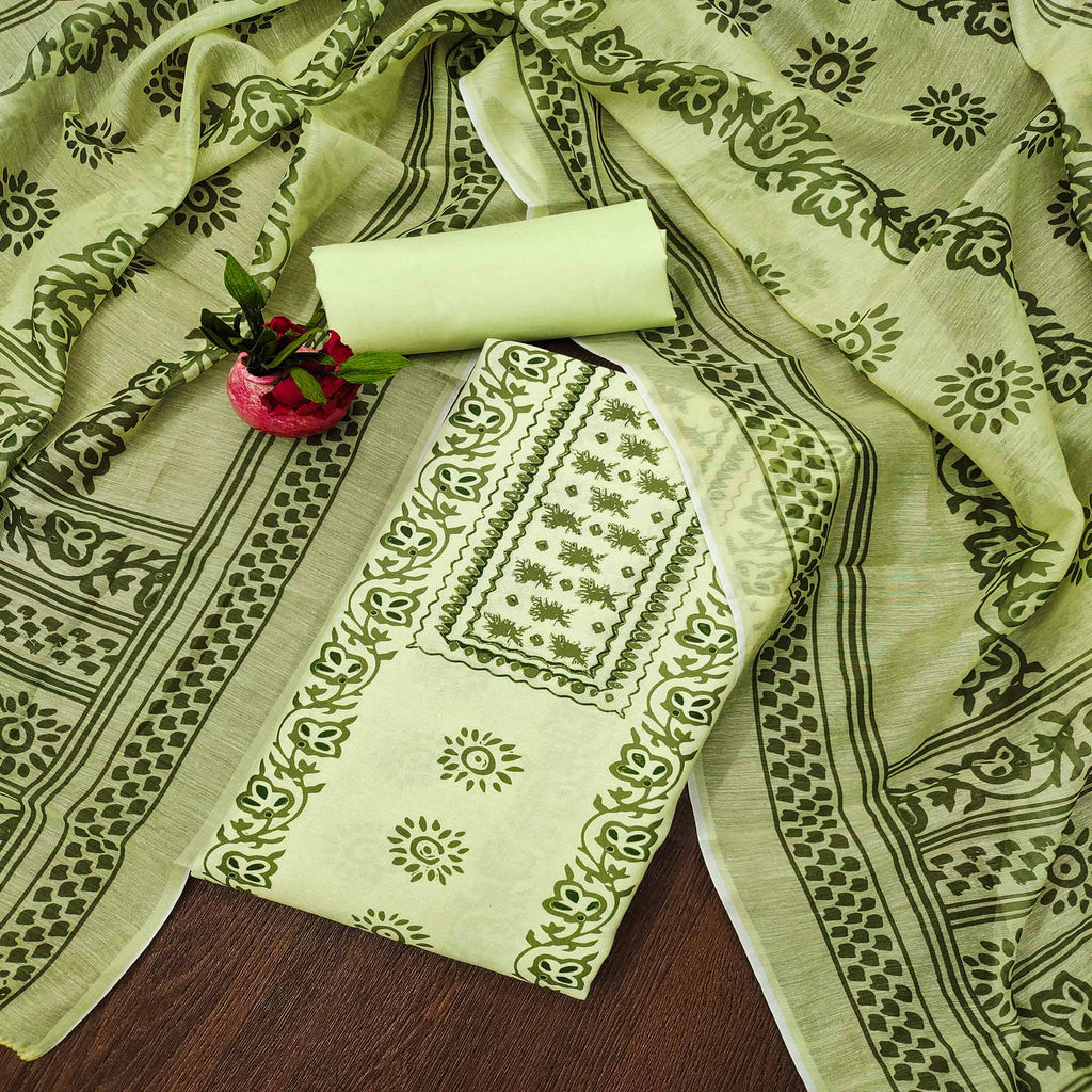 Green Floral Printed Cotton Blend Dress Material
