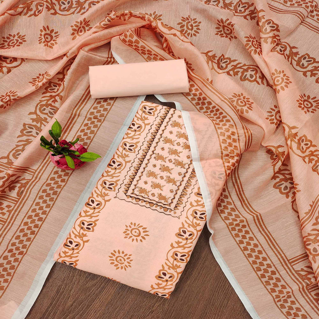 Peach Floral Printed Cotton Blend Dress Material