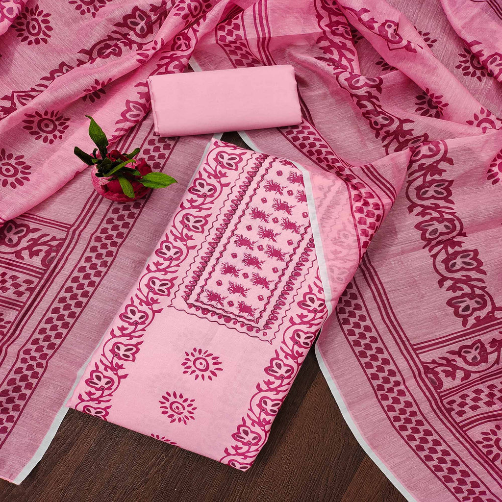 Pink Floral Printed Cotton Blend Dress Material