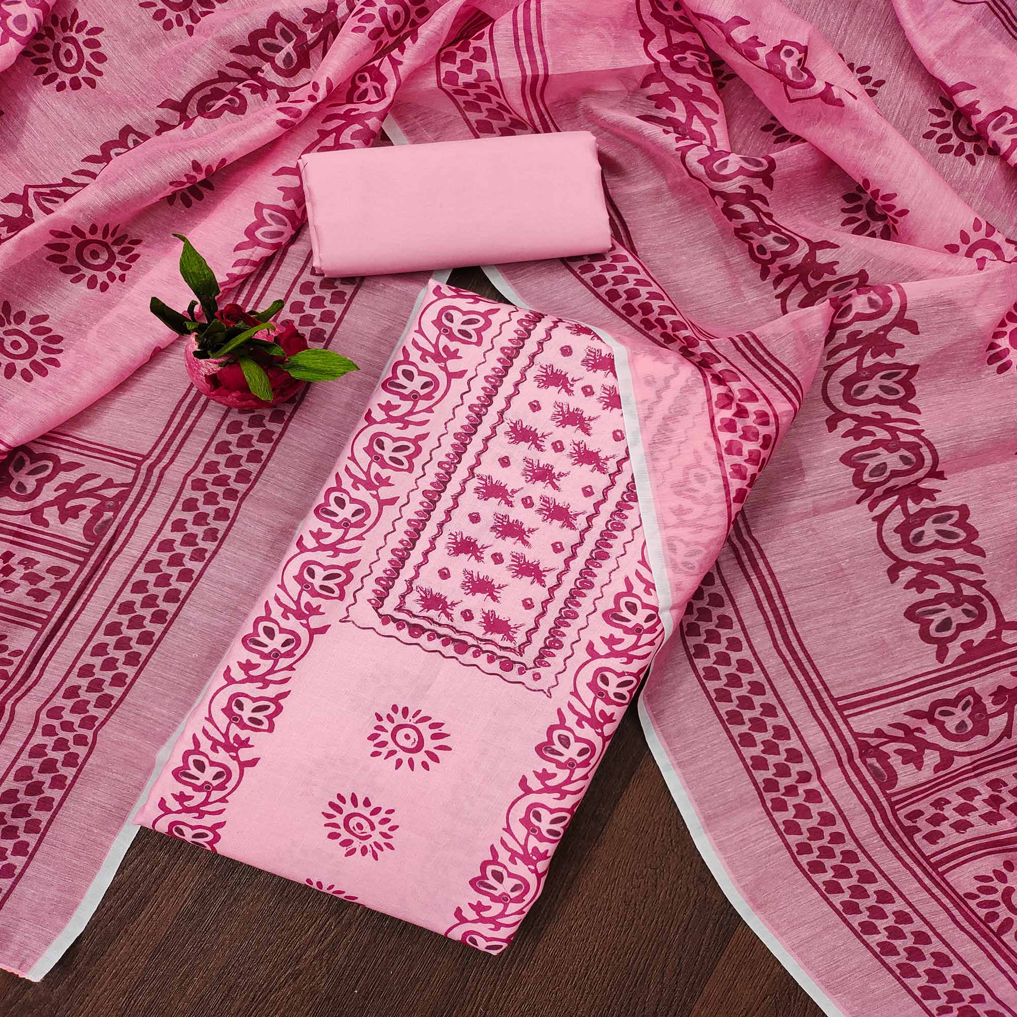 Pink Floral Printed Cotton Blend Dress Material