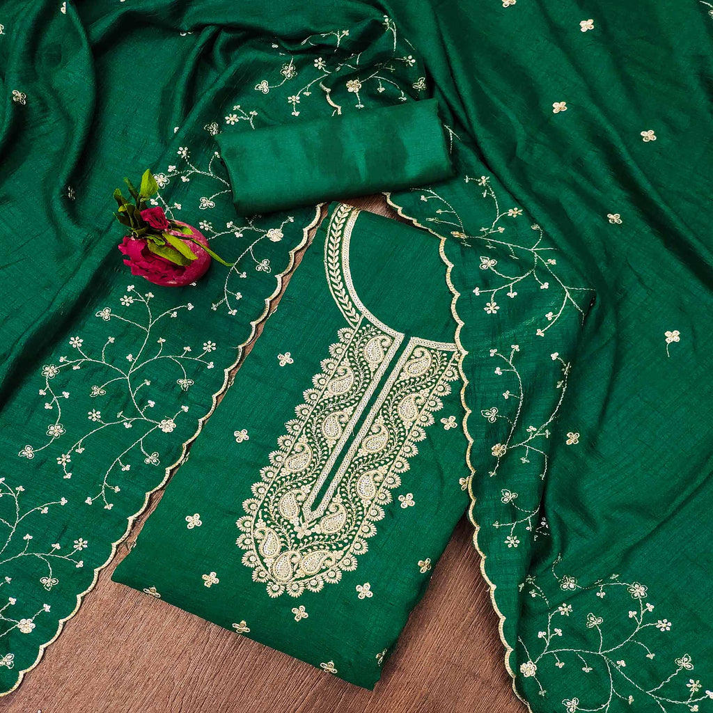 Green Floral Embroidered Vichitra Silk Dress Material
