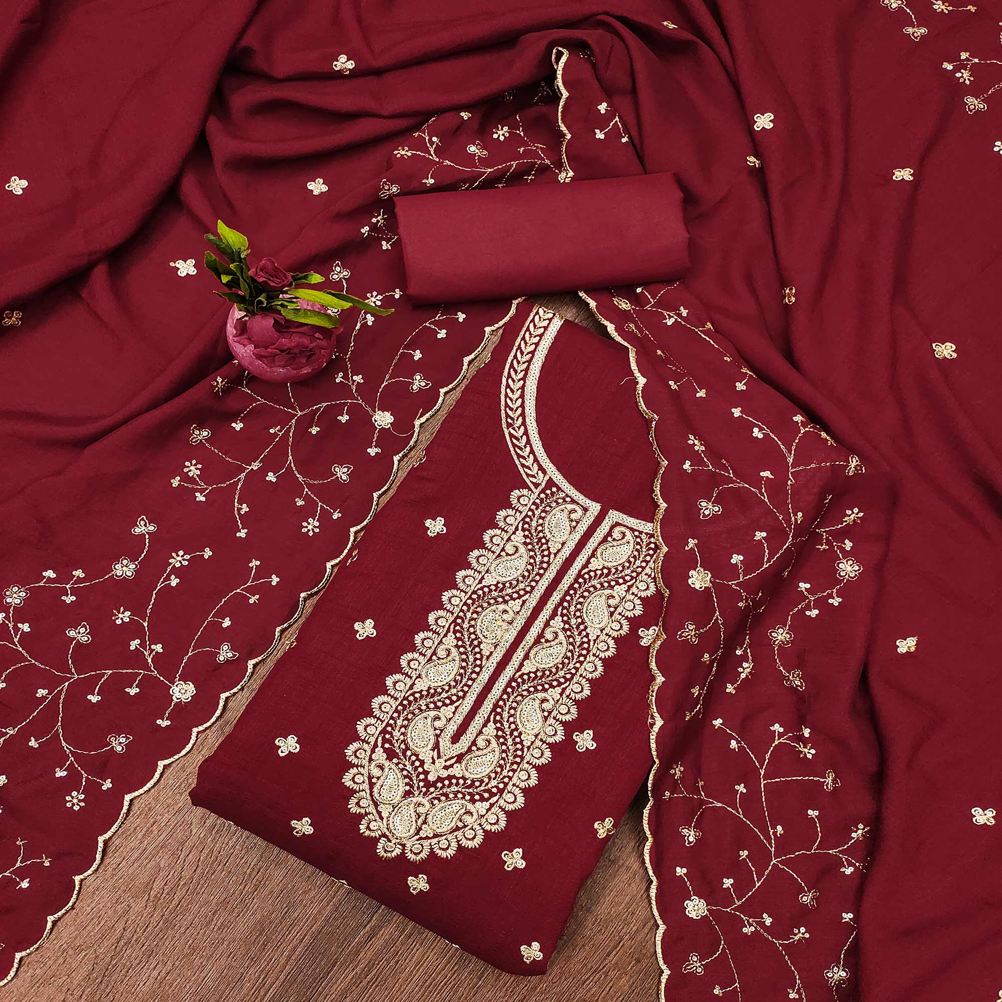 Maroon Floral Embroidered Vichitra Silk Dress Material