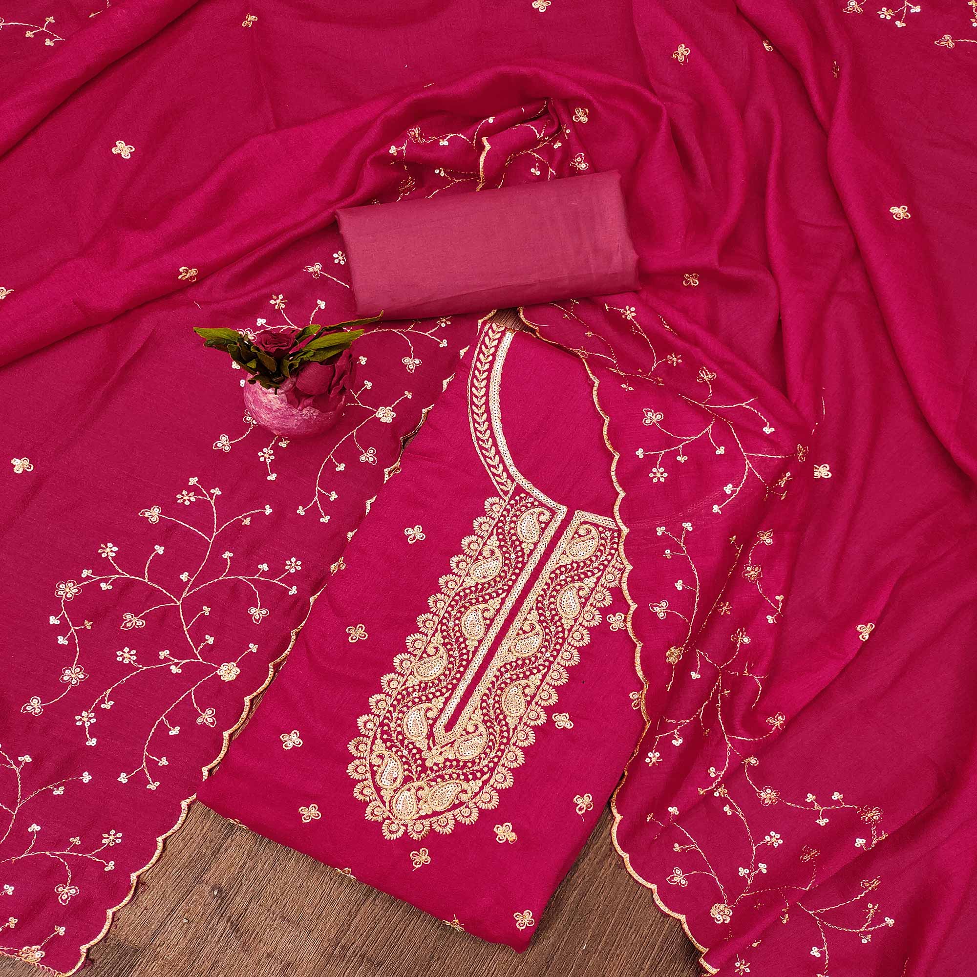 Pink Floral Embroidered Vichitra Silk Dress Material