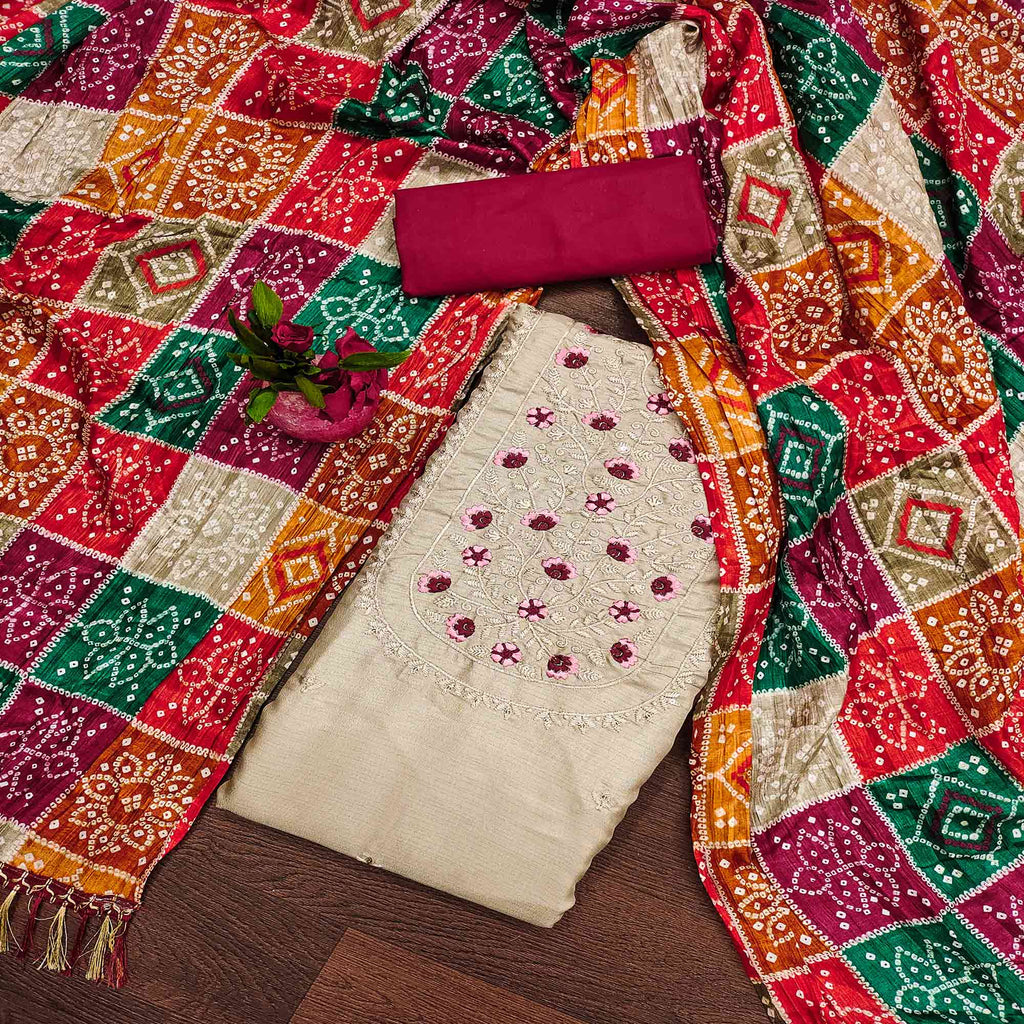 Chikoo Floral Embroidered Cotton Blend Dress Material