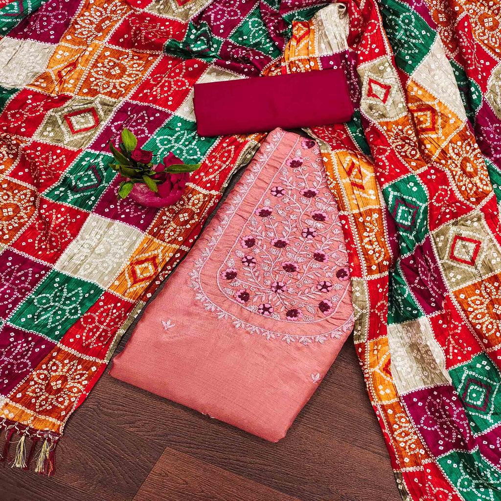 Peach Floral Embroidered Cotton Blend Dress Material