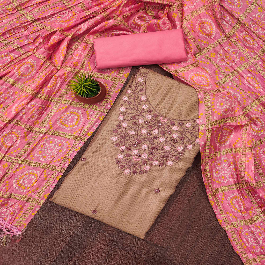 Chikoo Floral Sequins Embroidered Cotton Blend Dress Material