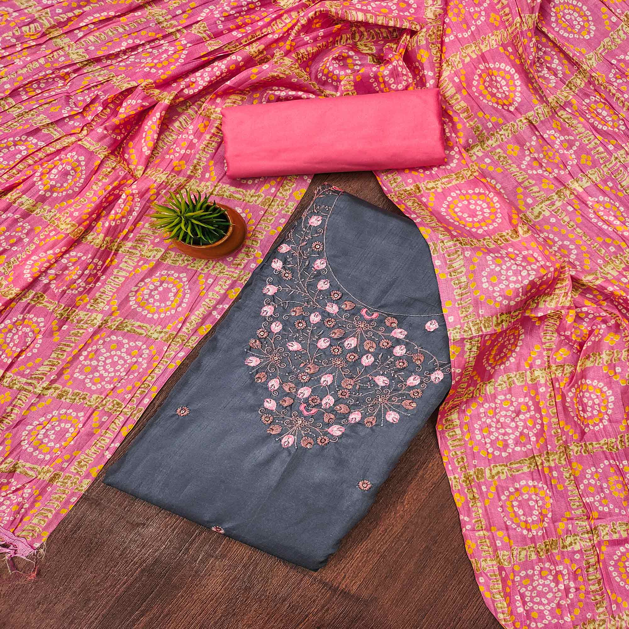 Grey Floral Sequins Embroidered Cotton Blend Dress Material