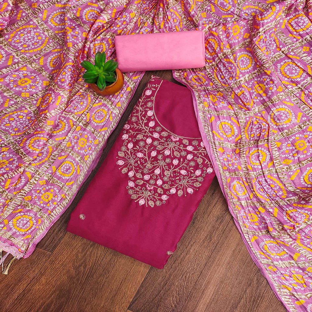 Pink Floral Sequins Embroidered Cotton Blend Dress Material