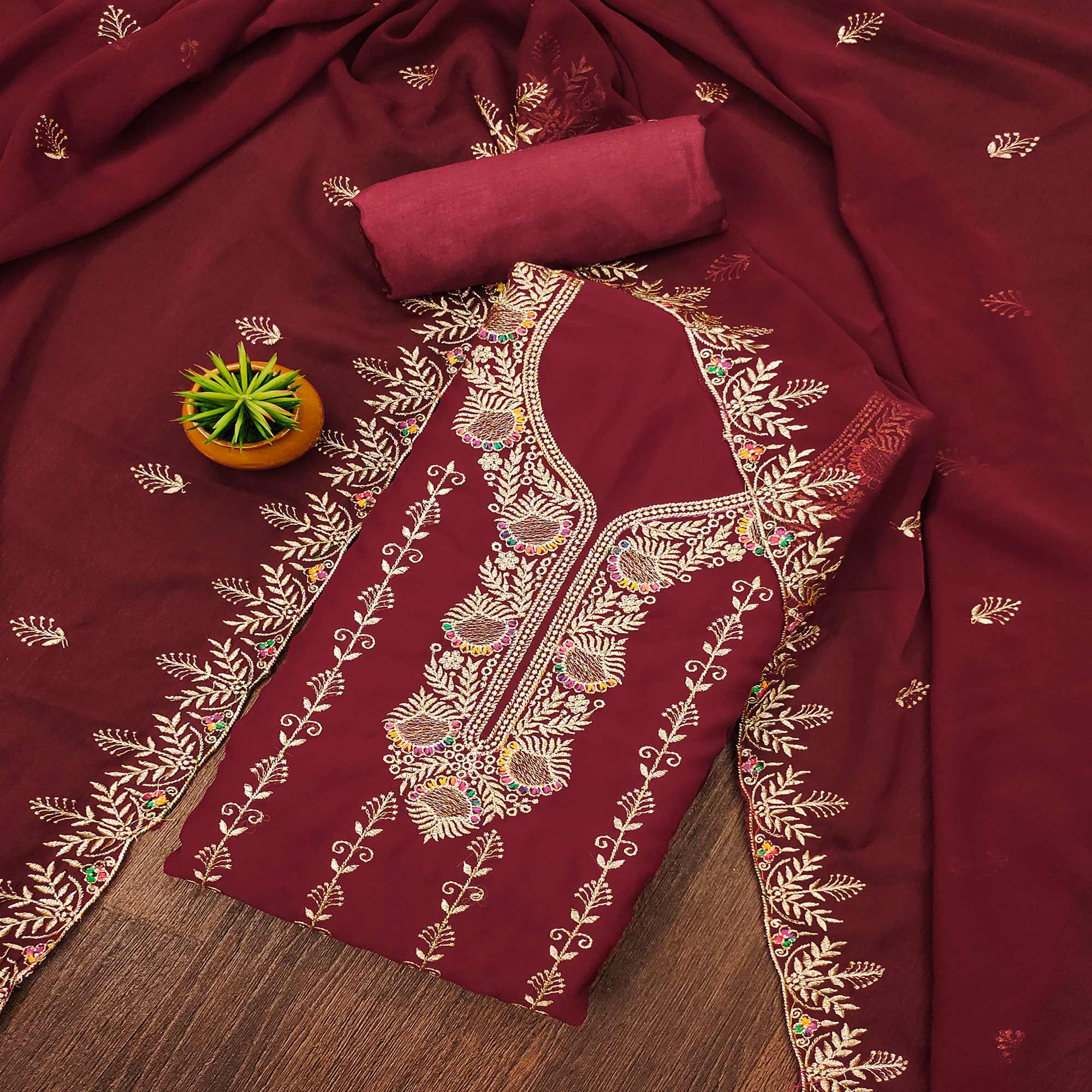 Maroon Floral Embroidered Georgette Dress Material