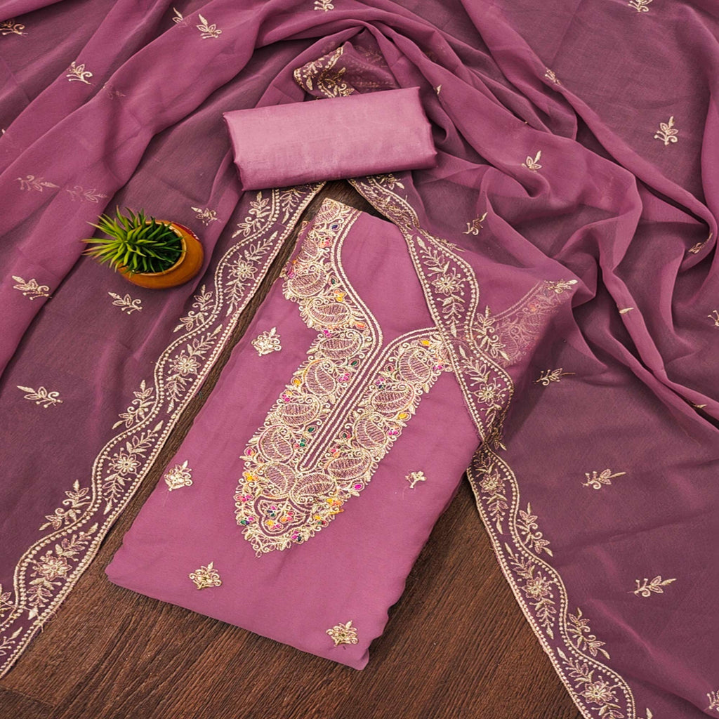 Pink Floral Embroidered Georgette Dress Material