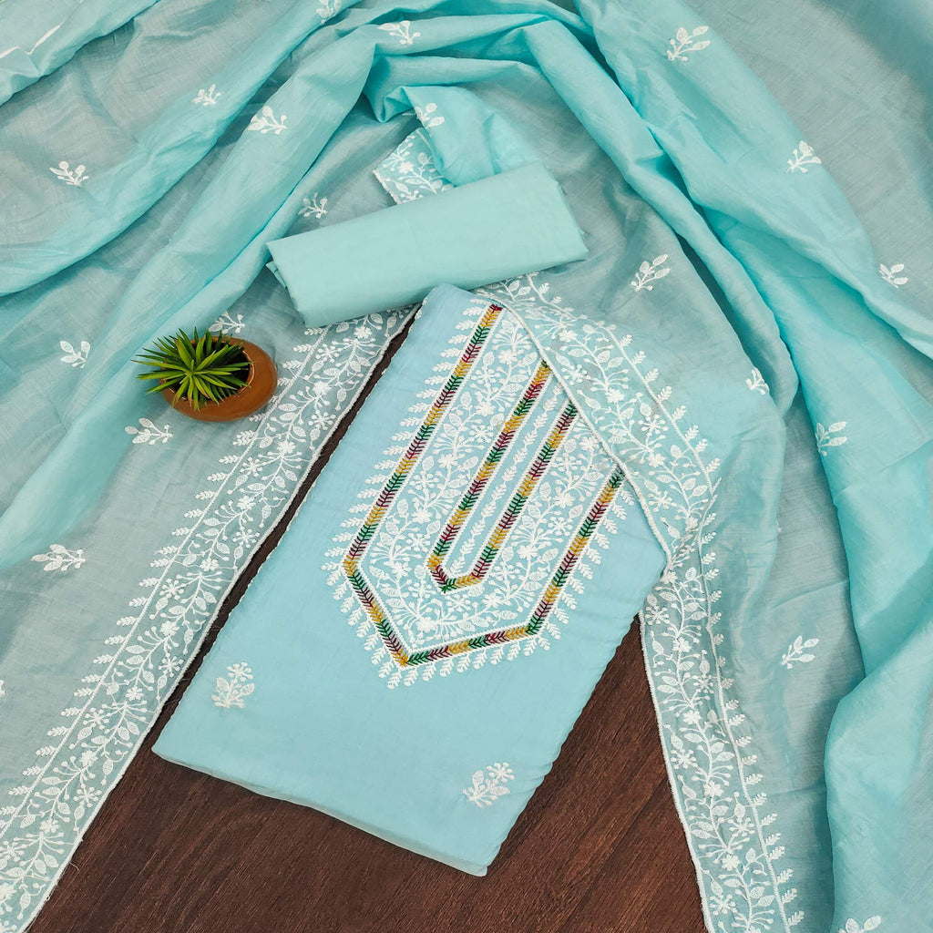 Blue Floral Embroidered Cotton Silk Dress Material