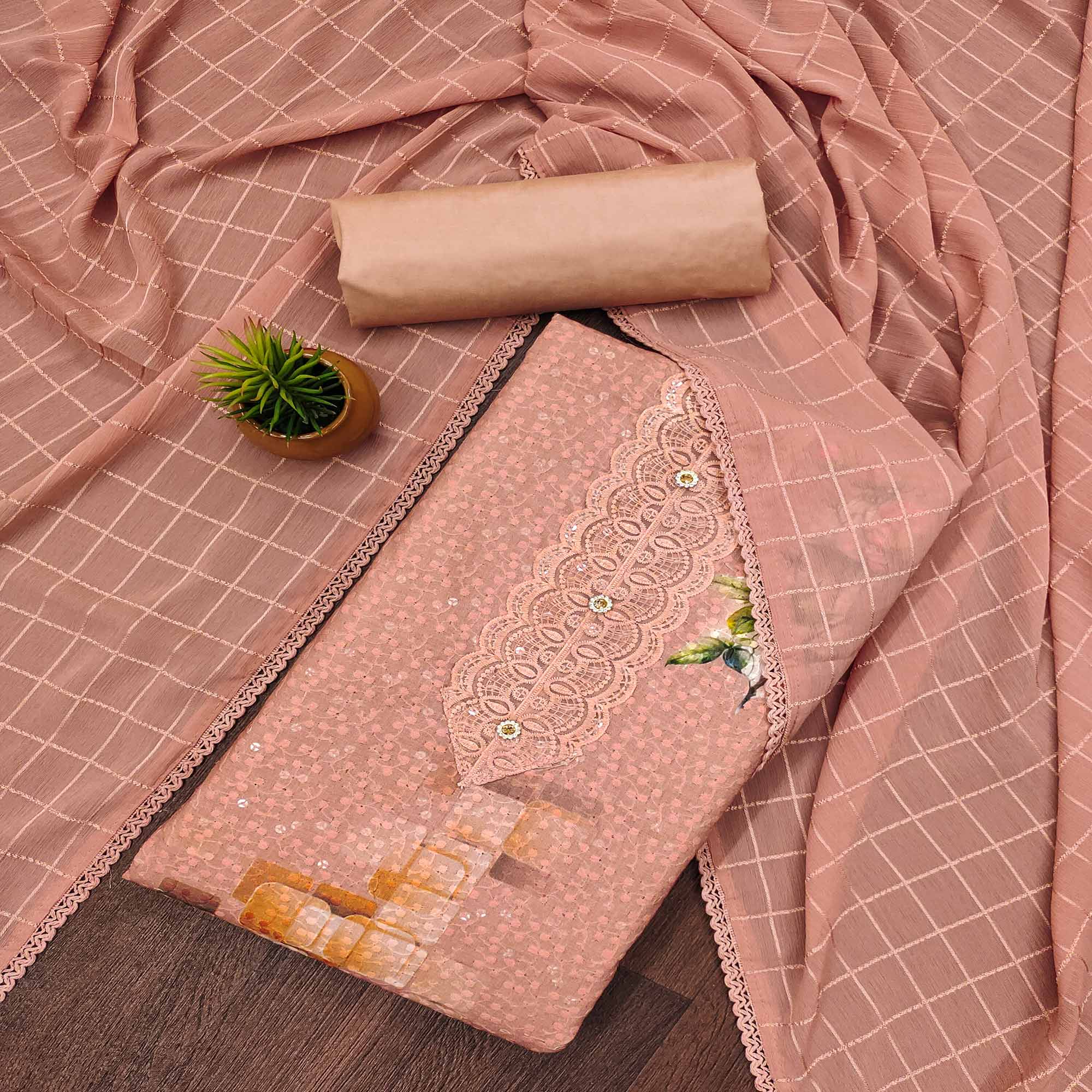 Dusty Peach Schiffli Embroidered Cotton Blend Dress Material With Floral Digital Print