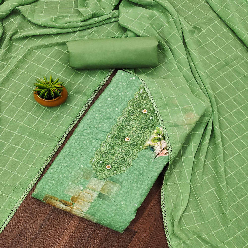 Green Schiffli Embroidered Cotton Blend Dress Material With Floral Digital Print