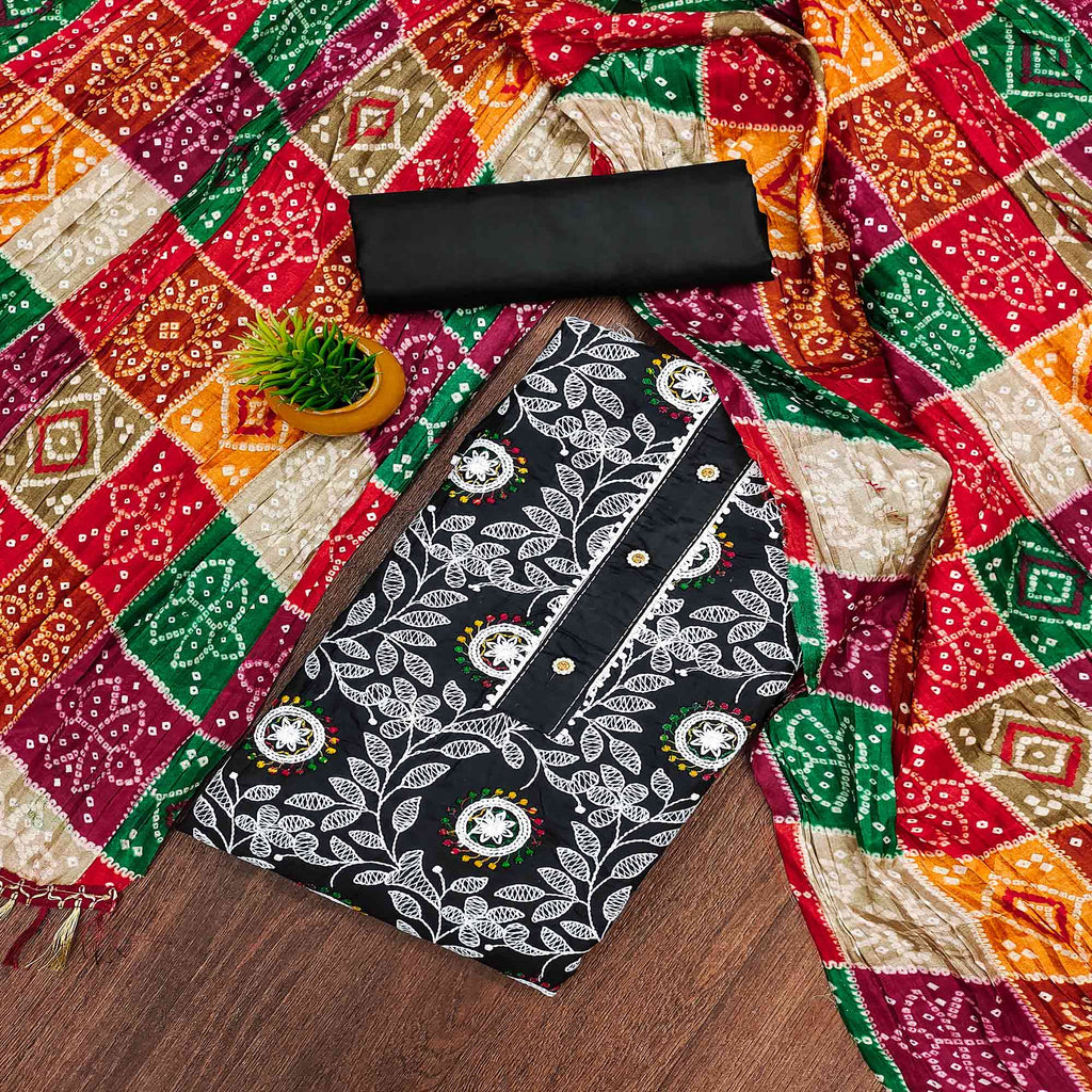 Black Floral Embroidered Cotton Blend Dress Material