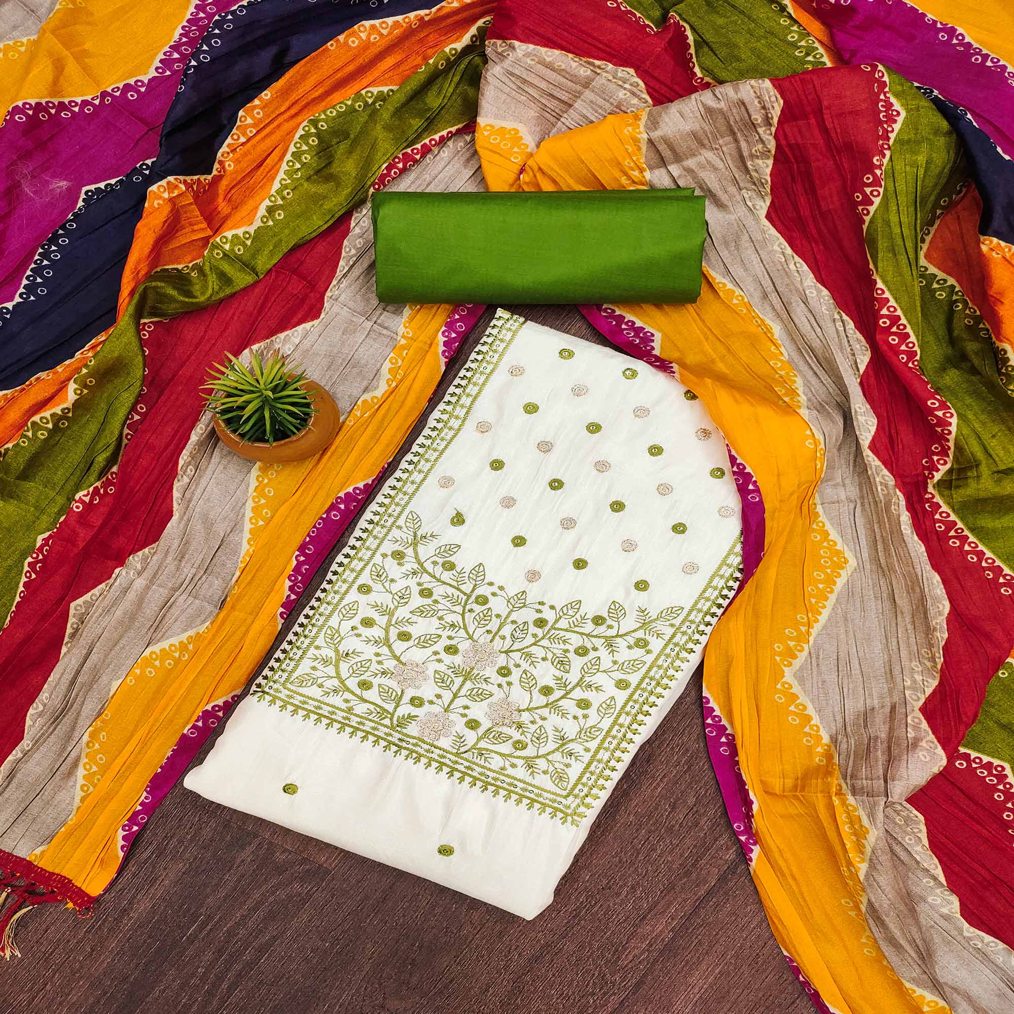 Cream & Green Floral Sequins Embroidered Cotton Silk Dress Material