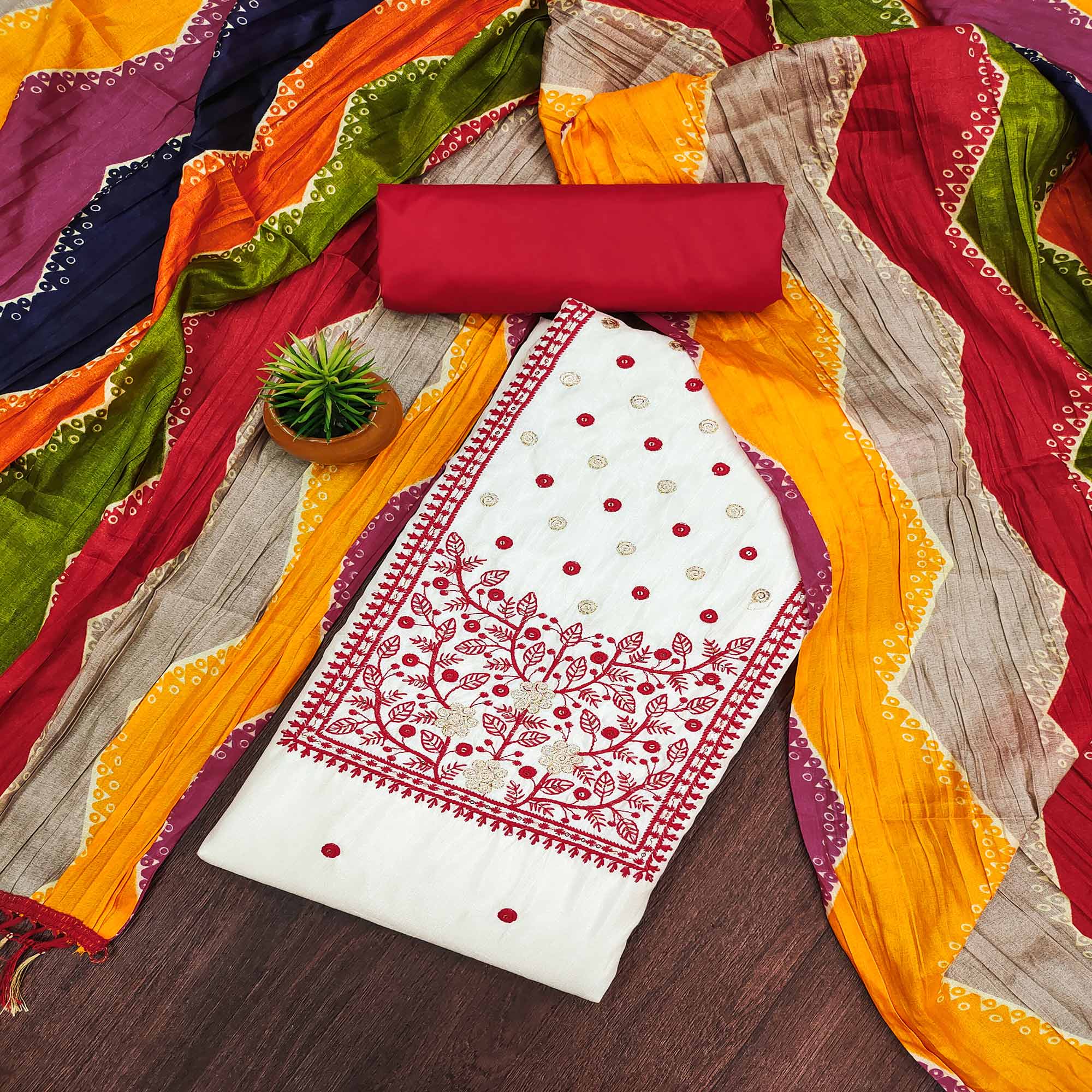 Cream & Red Floral Sequins Embroidered Cotton Silk Dress Material