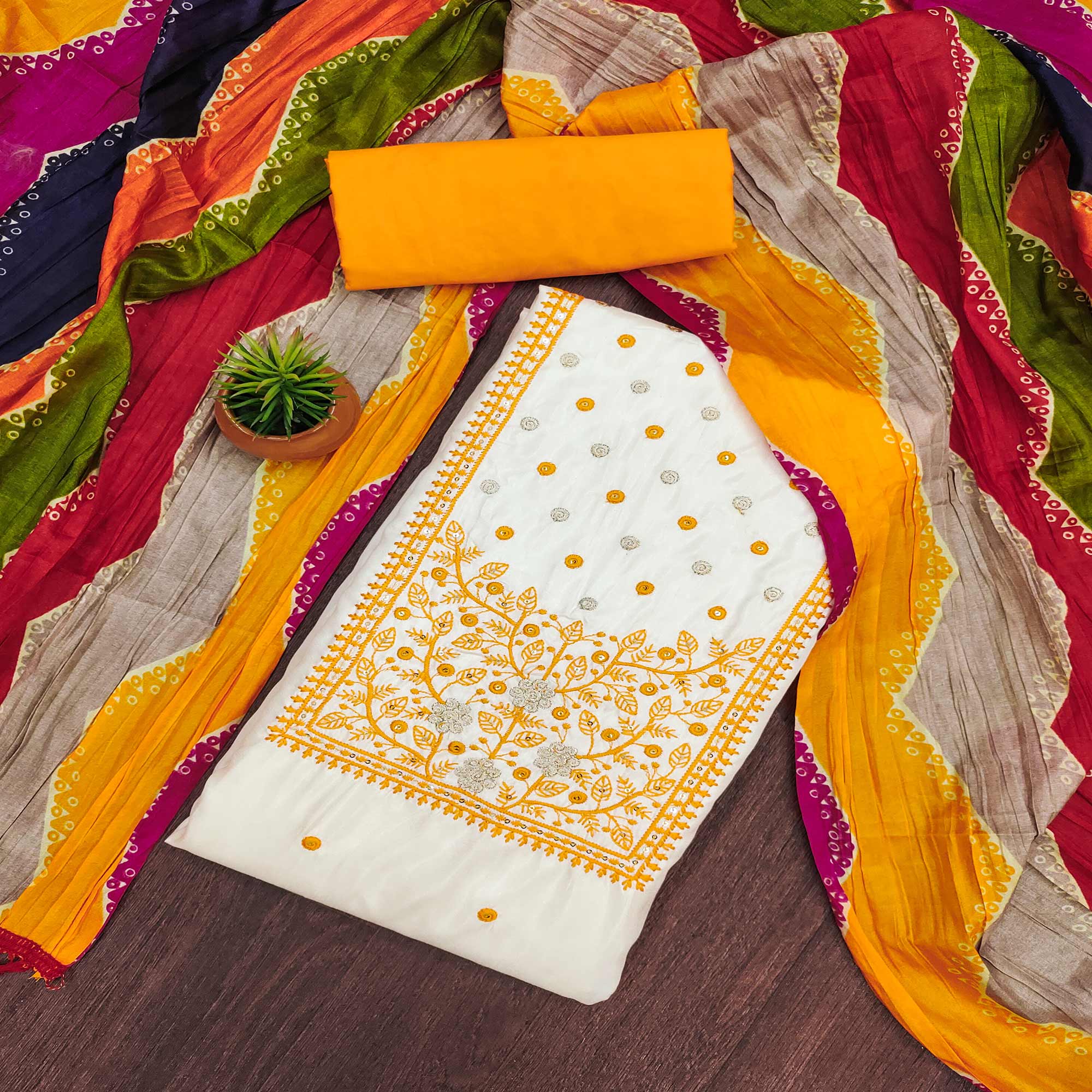 Cream & Yellow Floral Sequins Embroidered Cotton Silk Dress Material