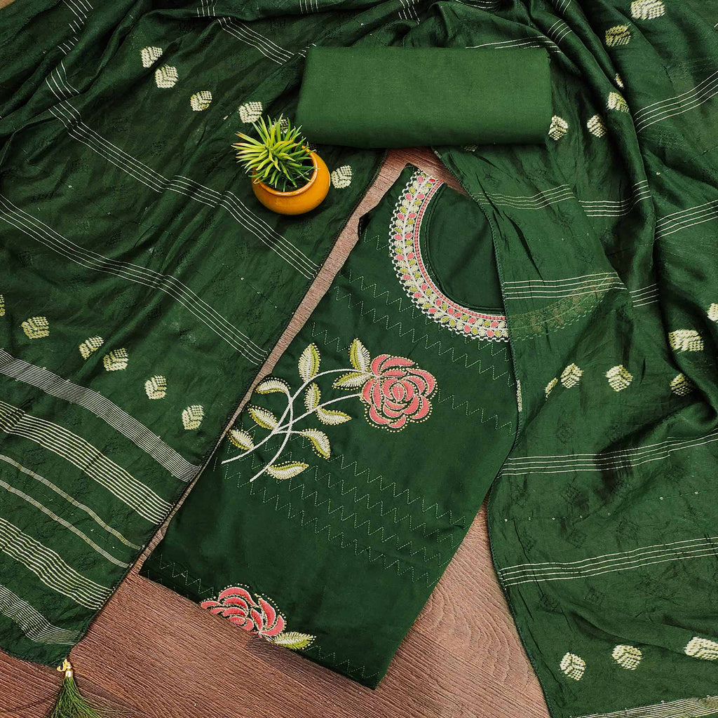 Green Cotton Blend Dress Material Adorned With Swarovski Accents and Floral Threadwork