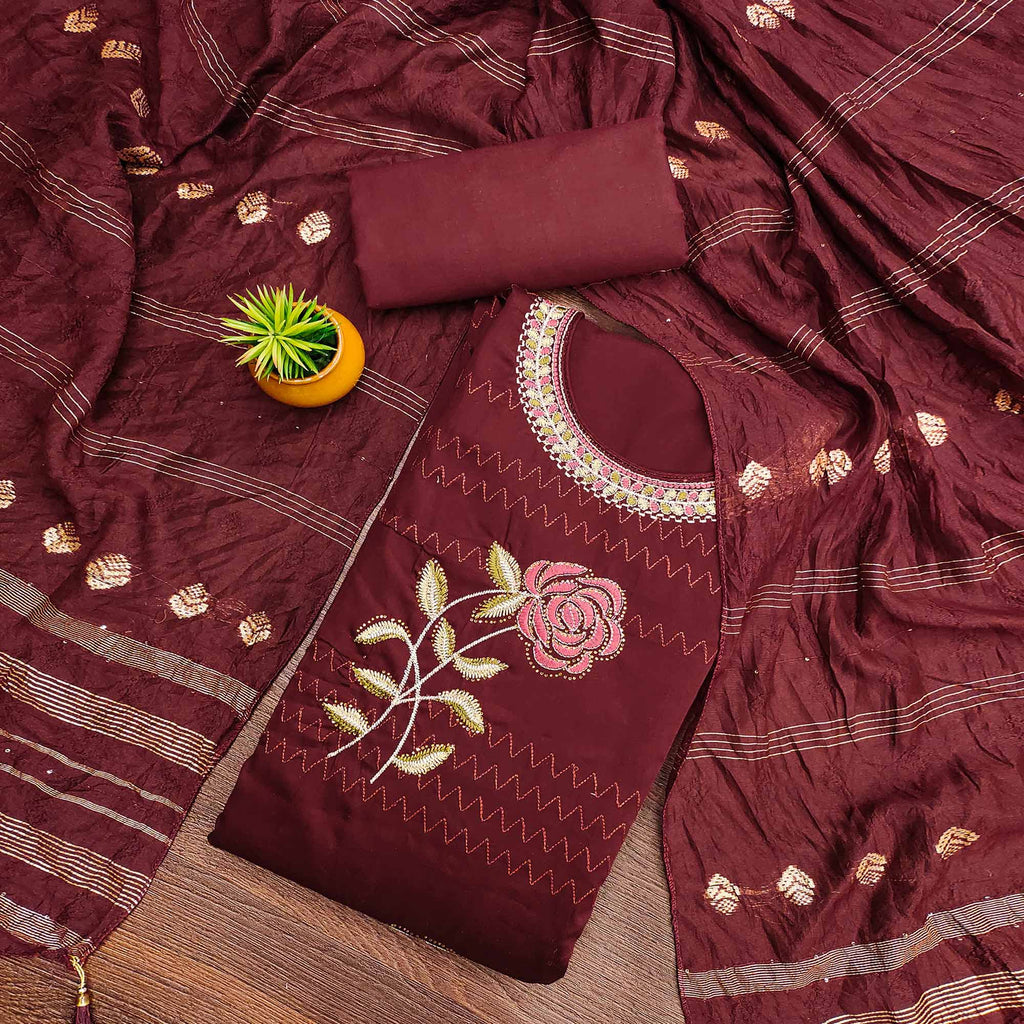 Maroon Cotton Blend Dress Material Adorned With Swarovski Accents and Floral Threadwork