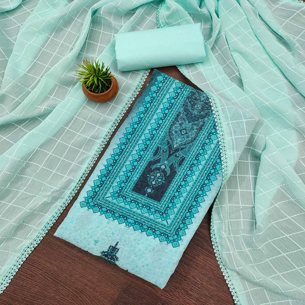 Blue Cotton Blend Dress Material With Elegant Schiffli Work & Artistic Digital Print