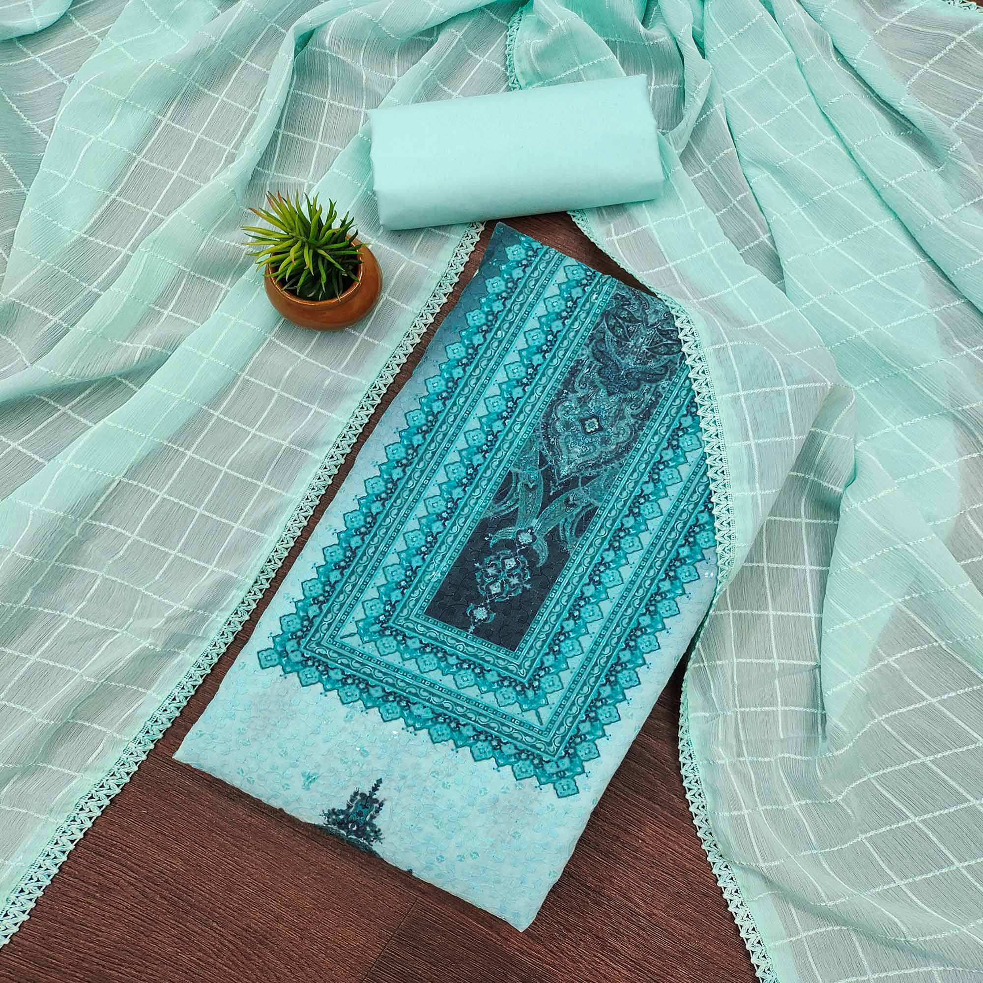 Blue Cotton Blend Dress Material With Elegant Schiffli Work & Artistic Digital Print