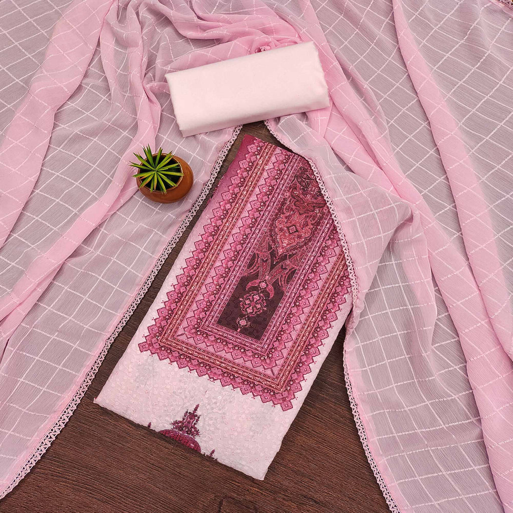 Pink Cotton Blend Dress Material With Elegant Schiffli Work & Artistic Digital Print