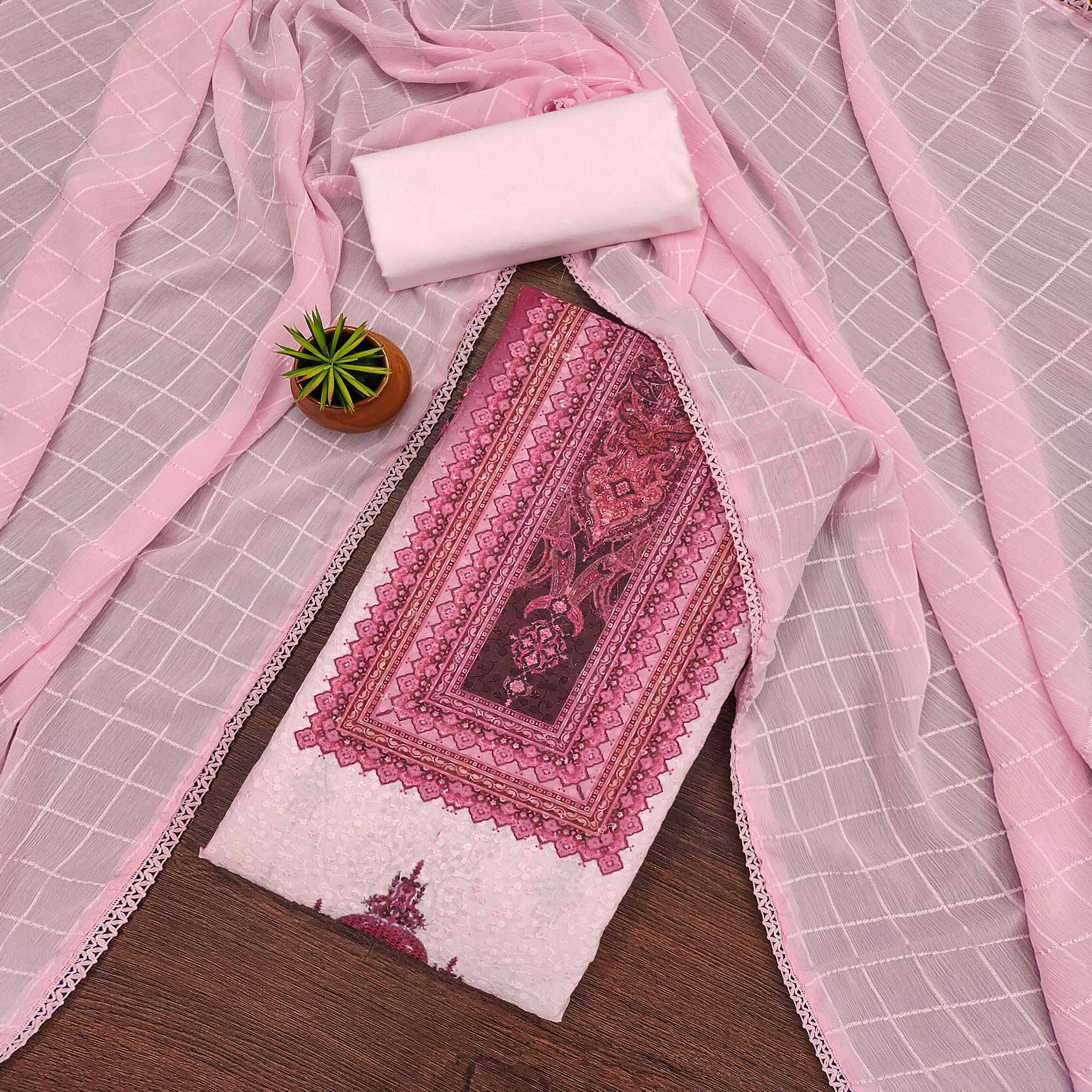 Pink Cotton Blend Dress Material With Elegant Schiffli Work & Artistic Digital Print
