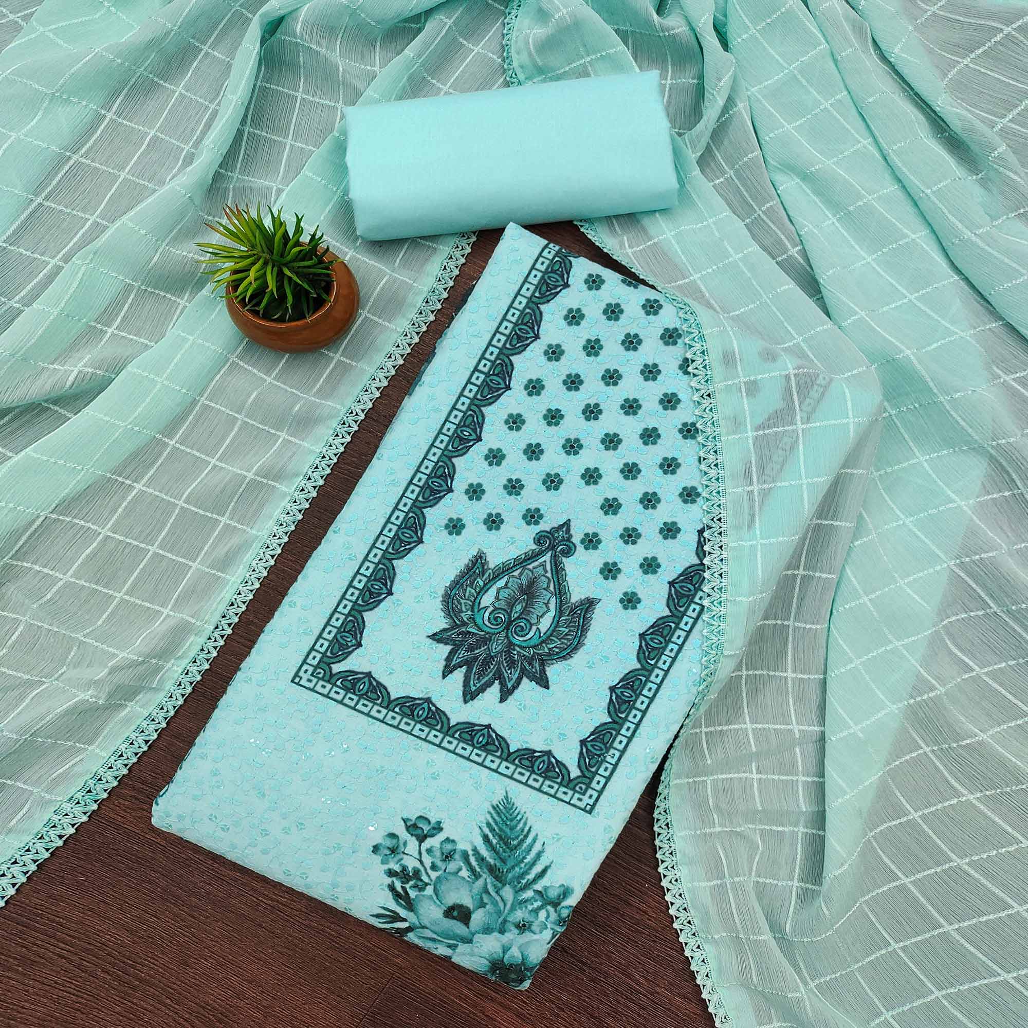 Blue Schiffli Embroidered Cotton Blend Dress Material With Floral Digital Print