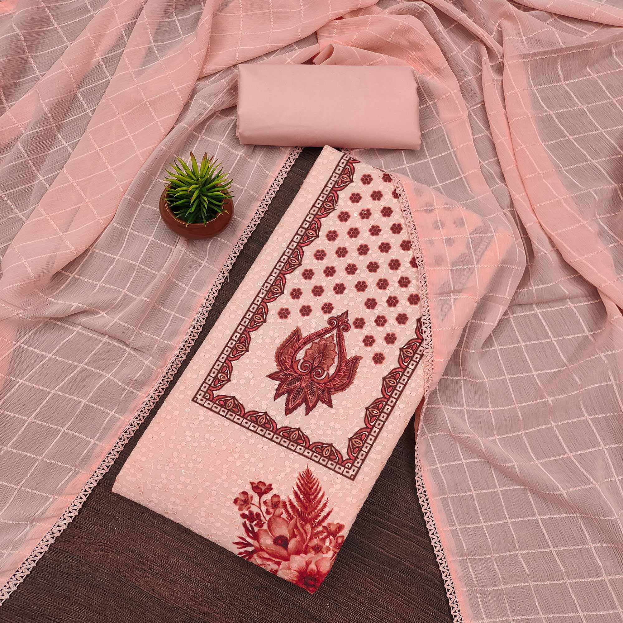 Peach Schiffli Embroidered Cotton Blend Dress Material With Floral Digital Print