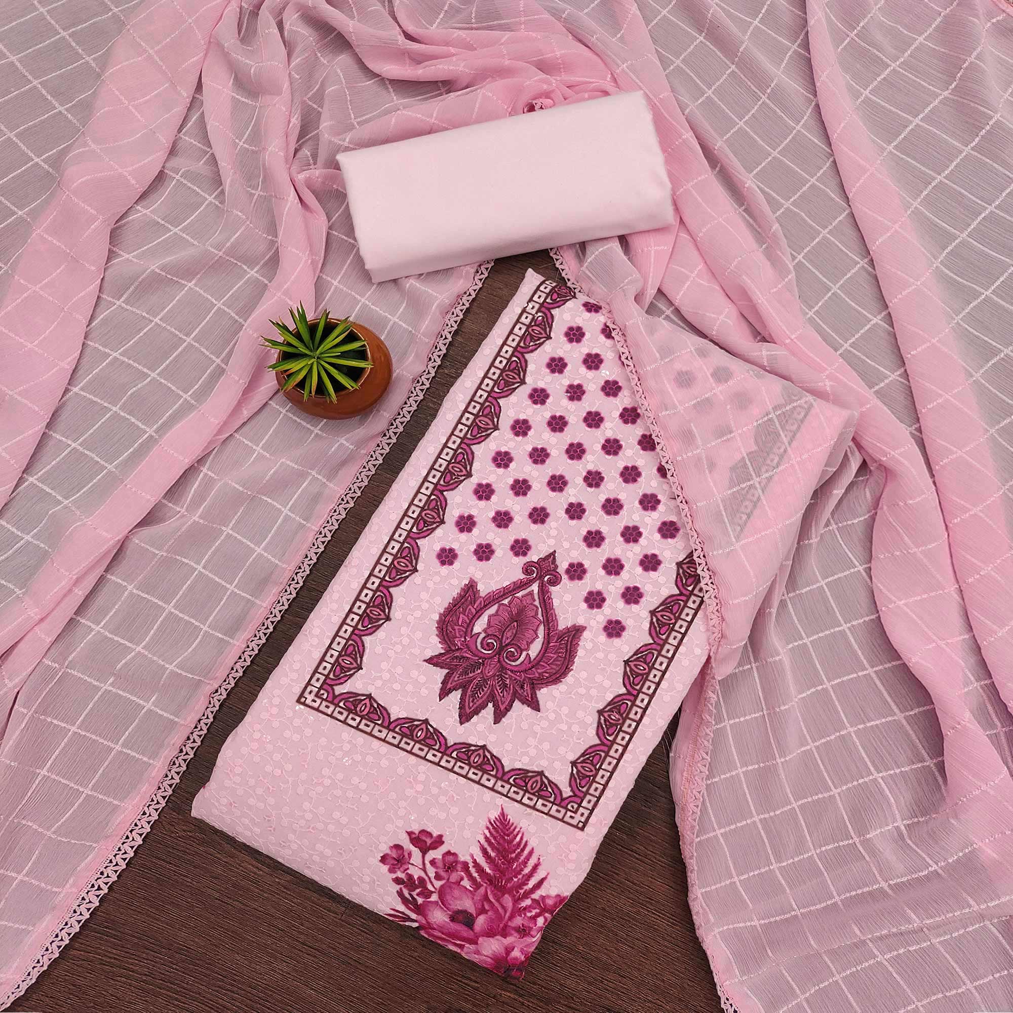 Pink Schiffli Embroidered Cotton Blend Dress Material With Floral Digital Print