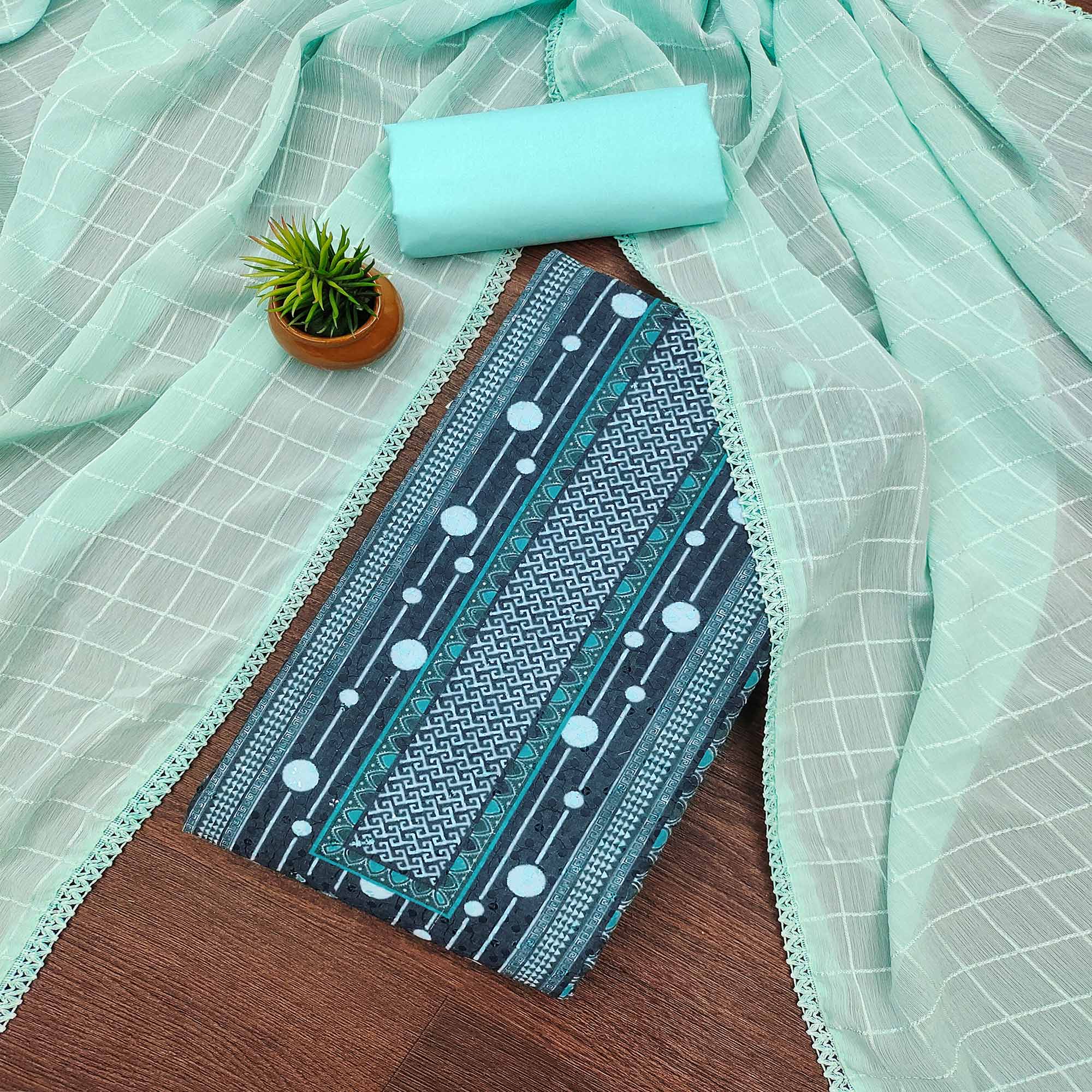 Blue Cotton Blend Dress Material With Schiffli Embroidery & Floral Digital Print