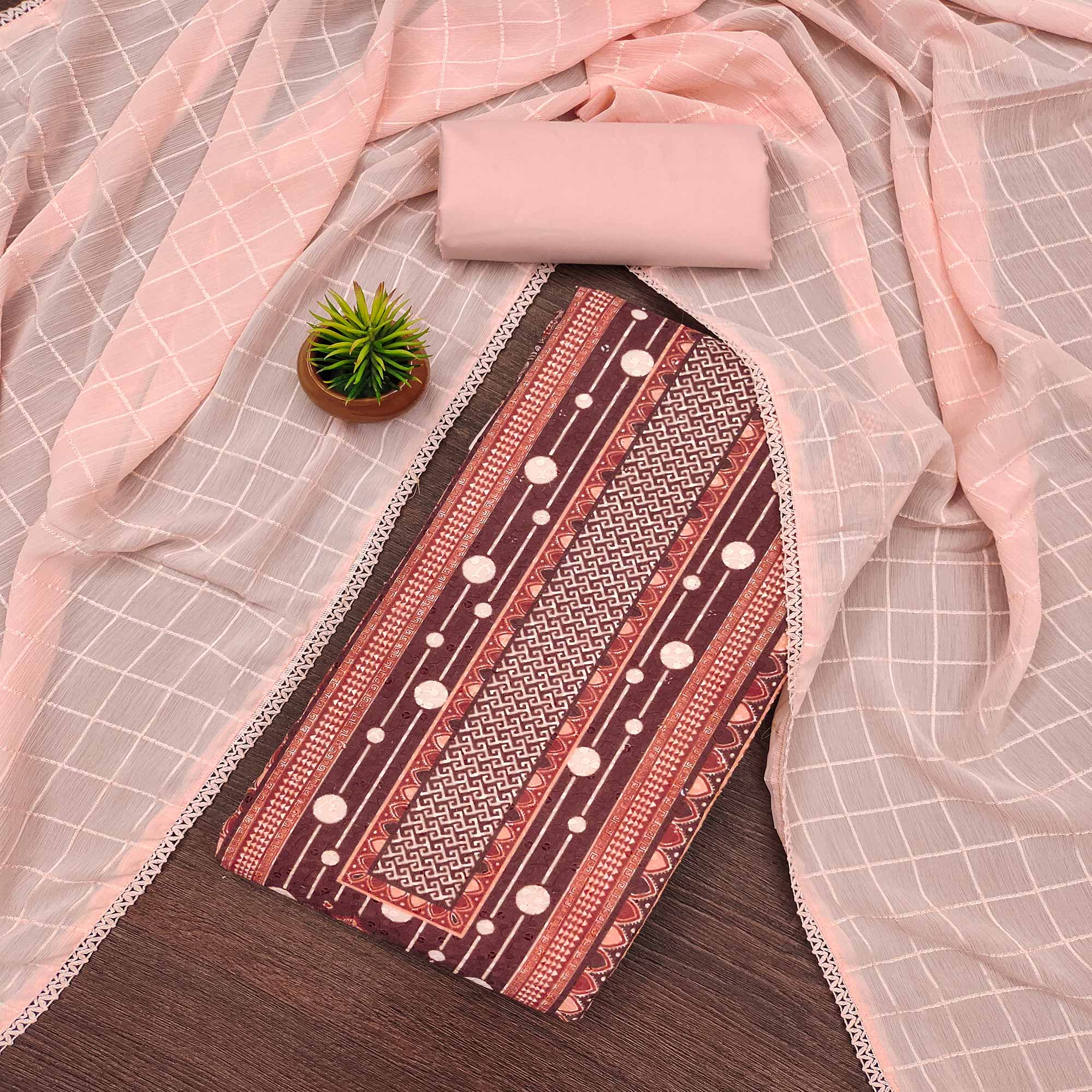 Peach Cotton Blend Dress Material With Schiffli Embroidery & Floral Digital Print