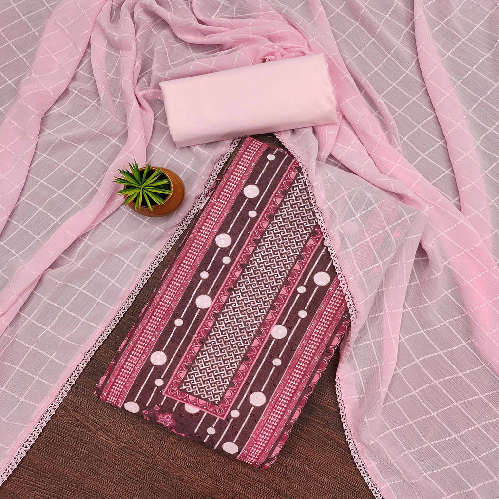 Pink Cotton Blend Dress Material With Schiffli Embroidery & Floral Digital Print