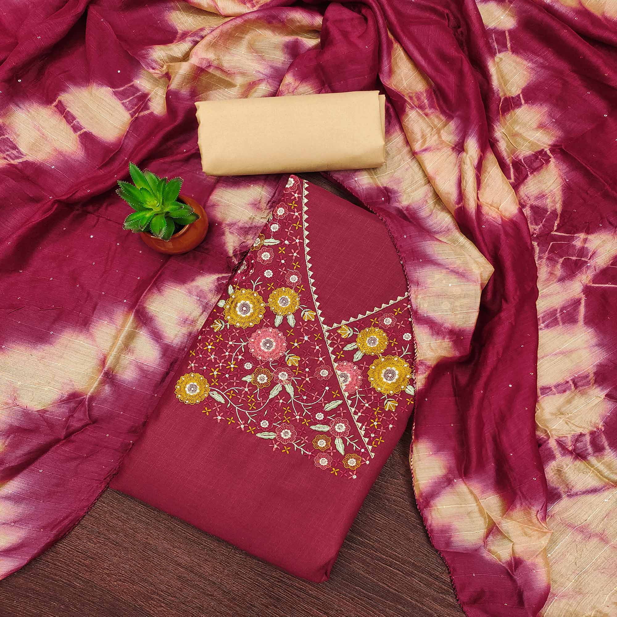 Pink Cotton Blend Dress Material With Floral Thread Embroidery