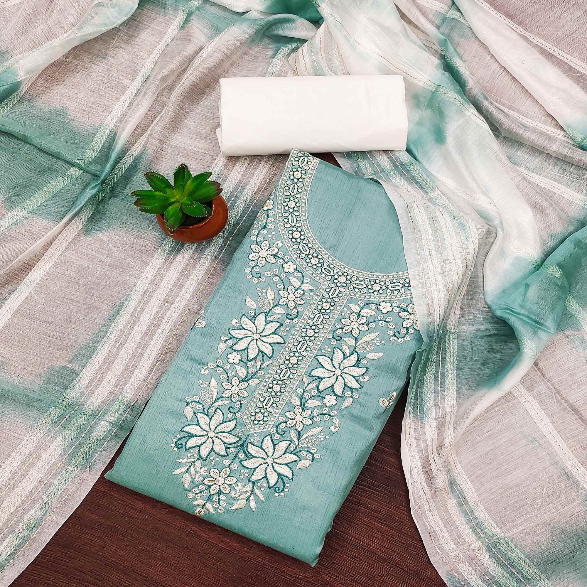 Blue Floral Sequins Embroidered Cotton Silk Dress Material