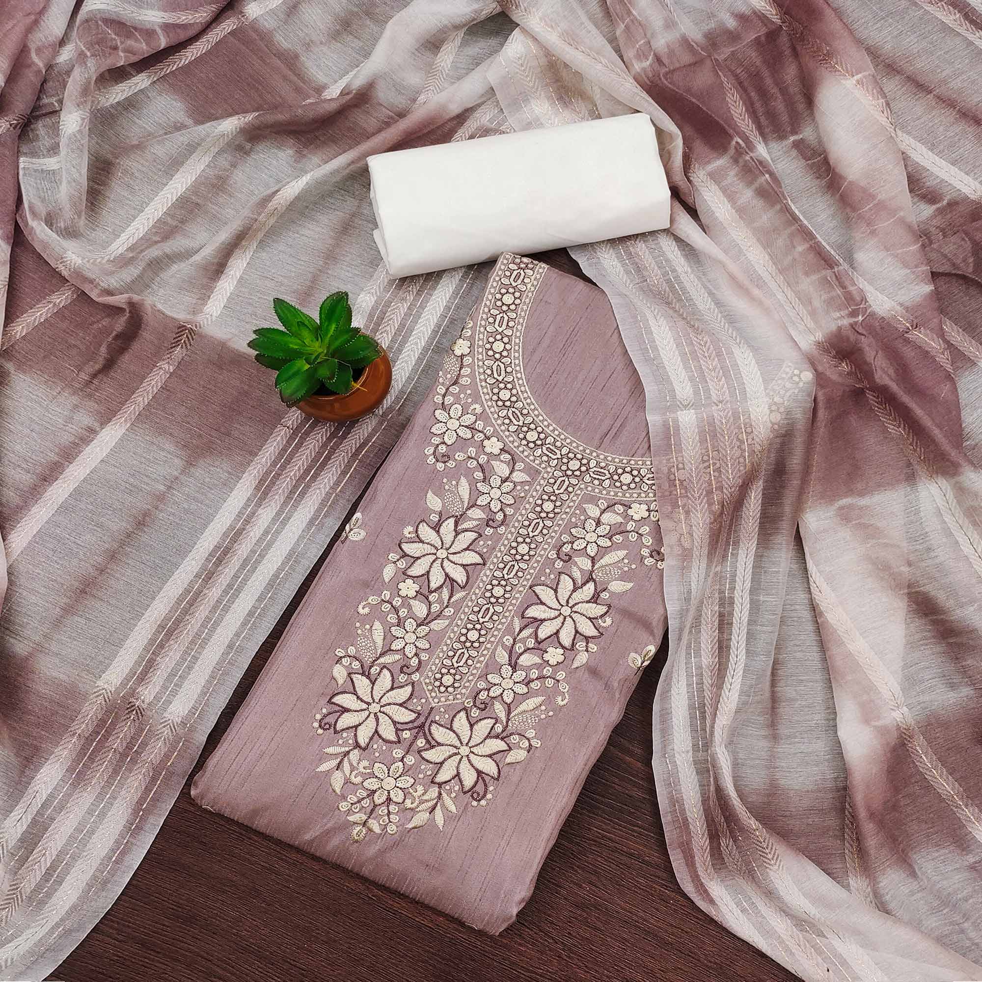 Dusty Rose Pink Floral Sequins Embroidered Cotton Silk Dress Material