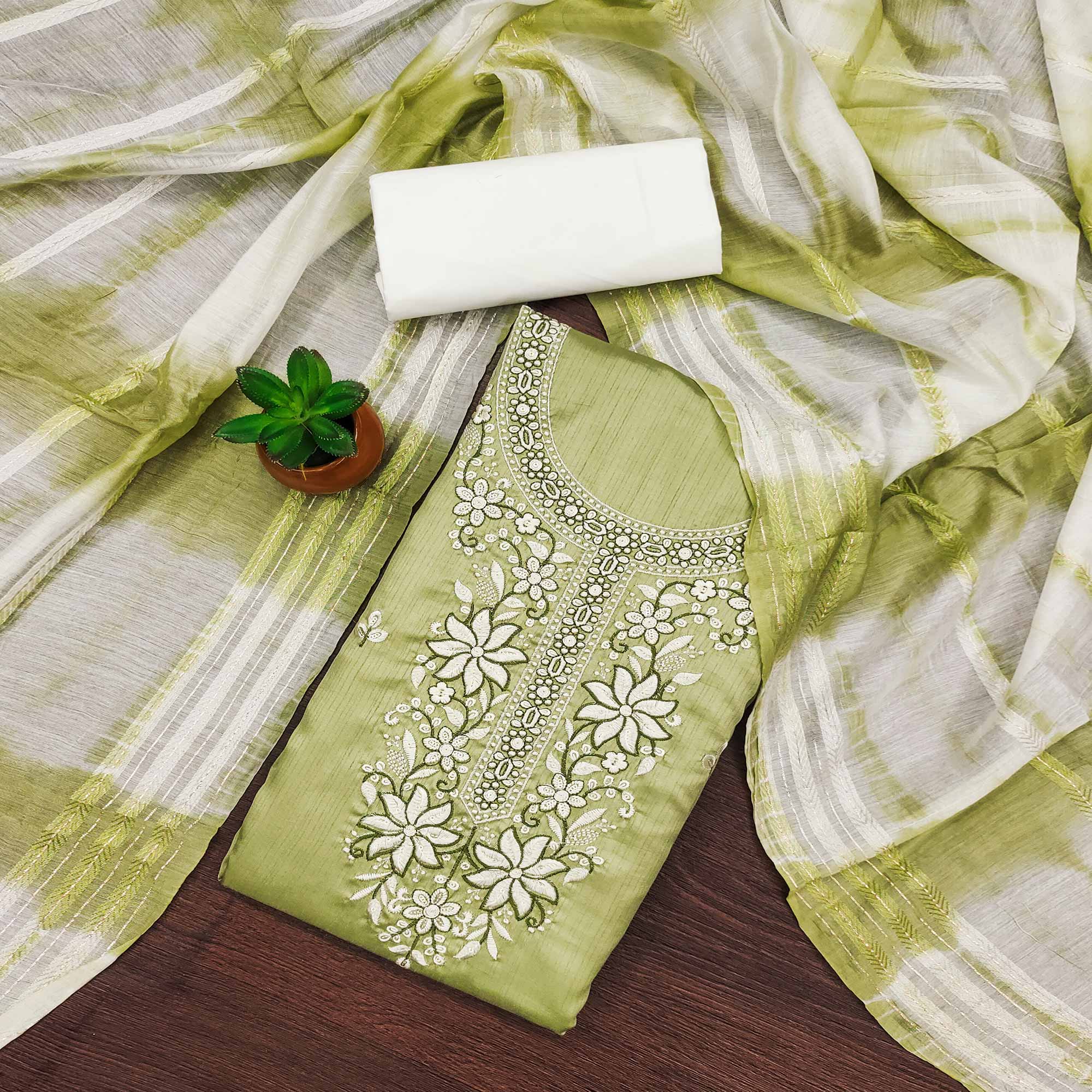 Green Floral Sequins Embroidered Cotton Silk Dress Material