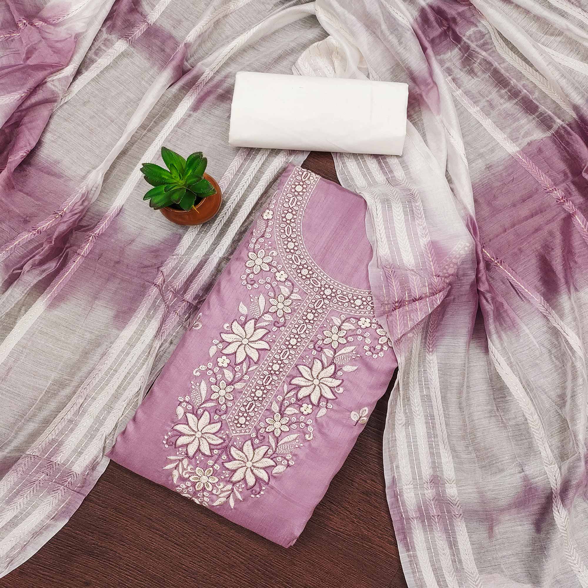 Onion Pink Floral Sequins Embroidered Cotton Silk Dress Material