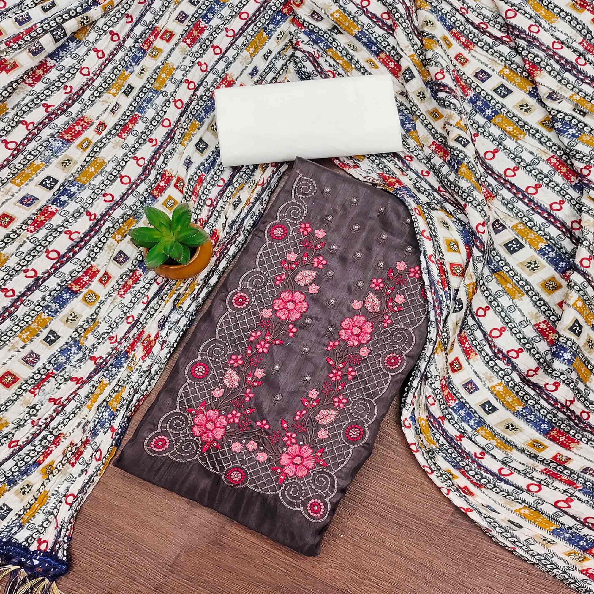 Dark Brown Floral Sequins Embroidered Cotton Silk Dress Material