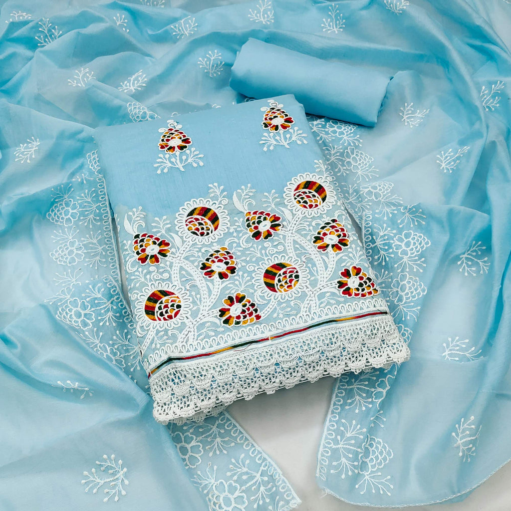 Blue Floral Embroidered Chanderi Cotton Dress Material