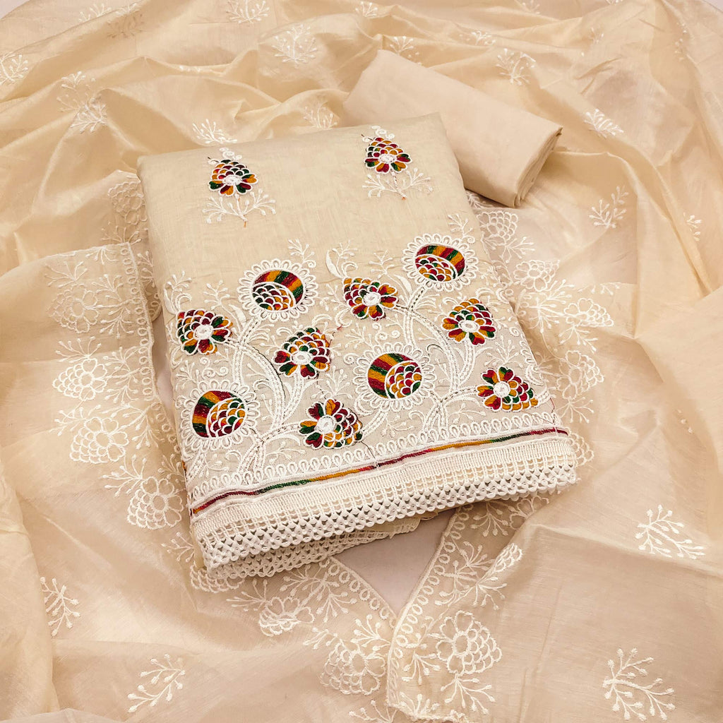 Cream Chanderi Cotton Dress Material with Elegant Floral Thread Embroidery