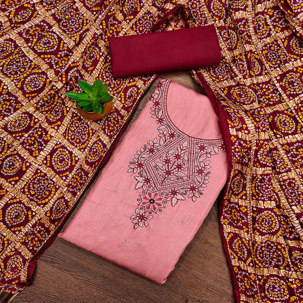 Gajari Pink Floral Sequins Embroidered Cotton Silk Dress Material