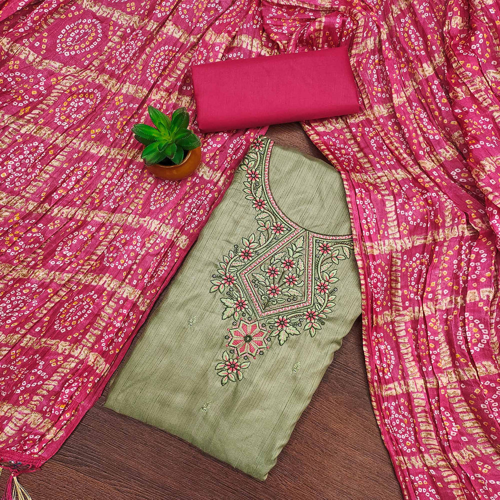 Green Floral Sequins Embroidered Cotton Silk Dress Material