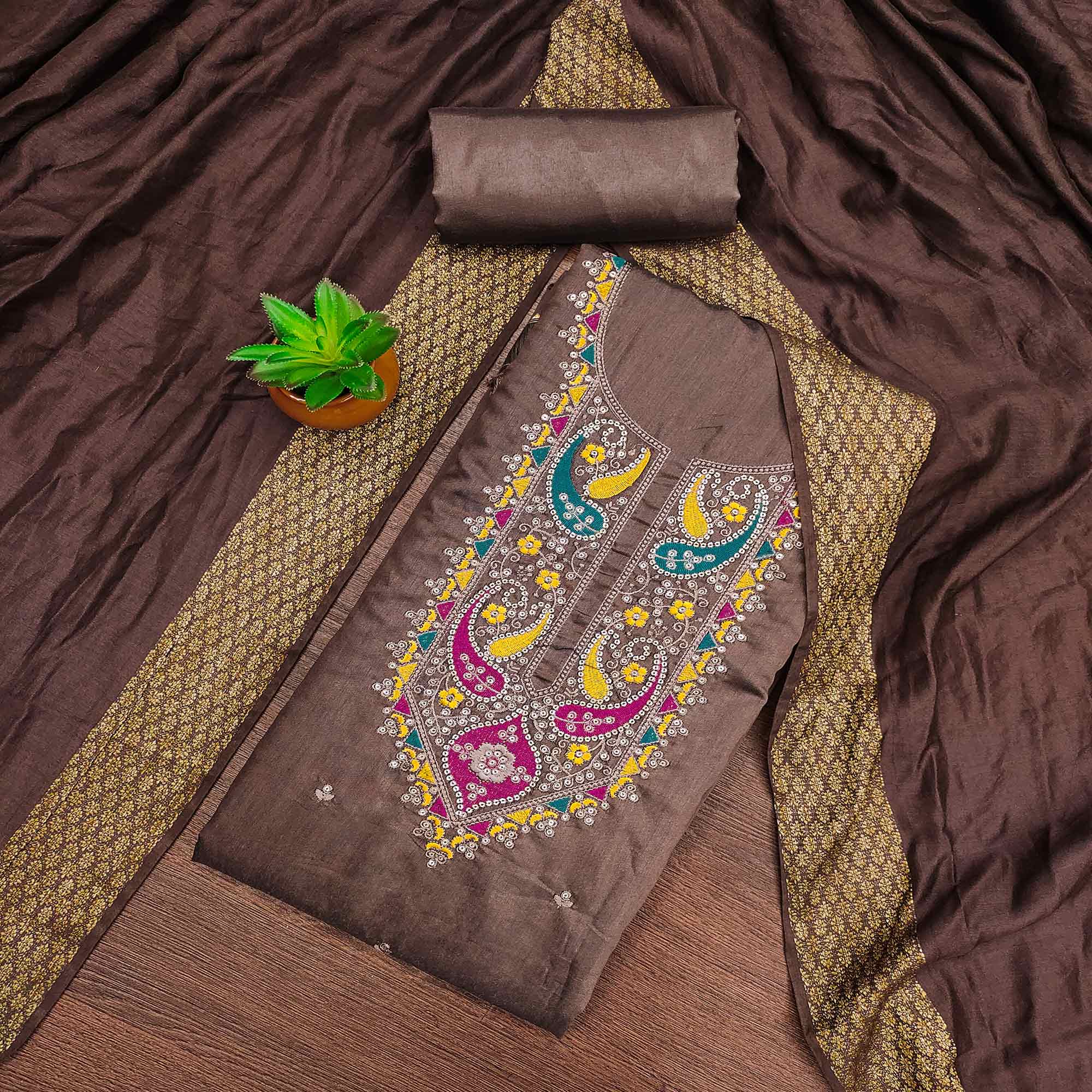 Brown Floral Sequins Embroidered Cotton Silk Dress Material