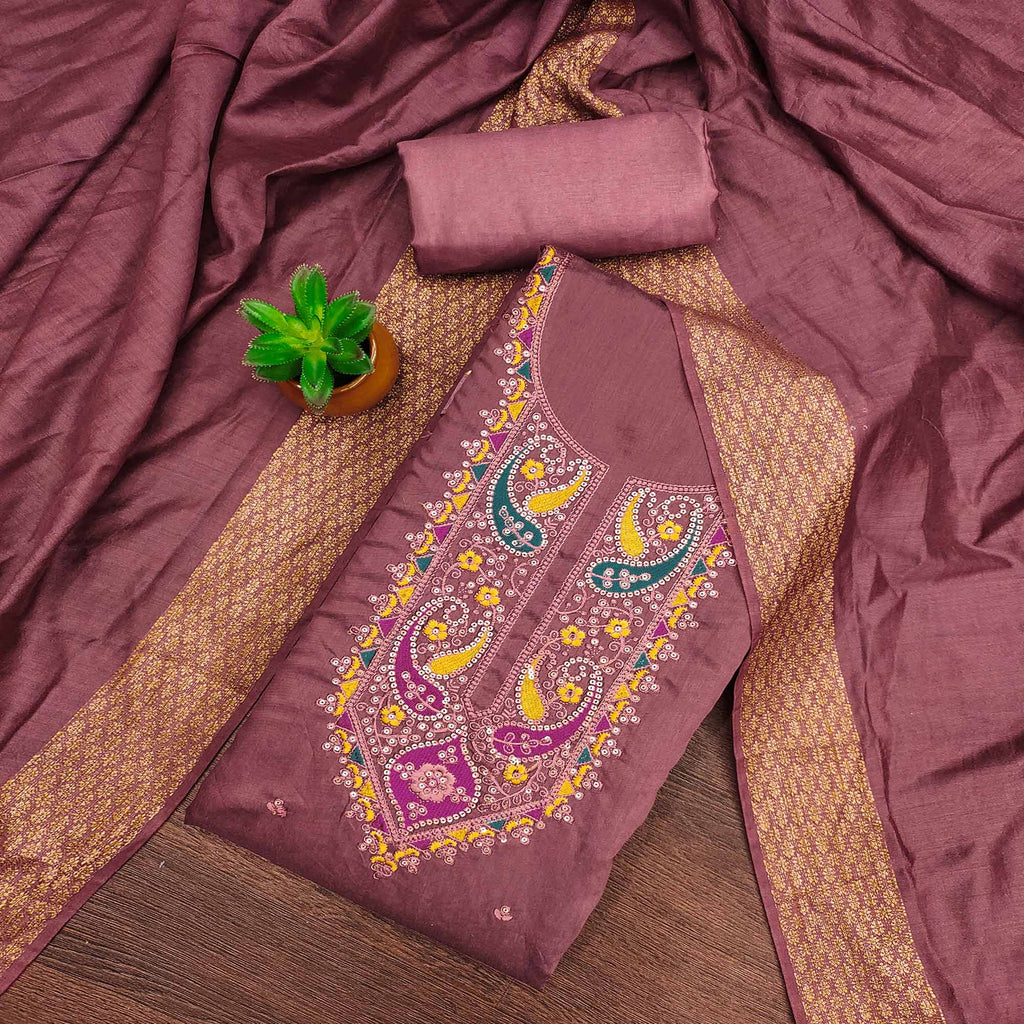 Dusty Rose Pink Floral Sequins Embroidered Cotton Silk Dress Material