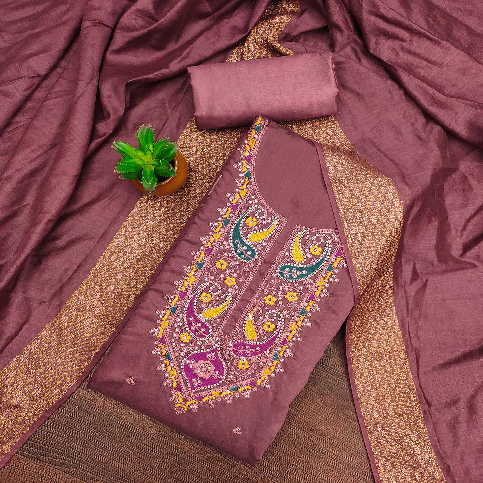 Dusty Rose Pink Floral Sequins Embroidered Cotton Silk Dress Material